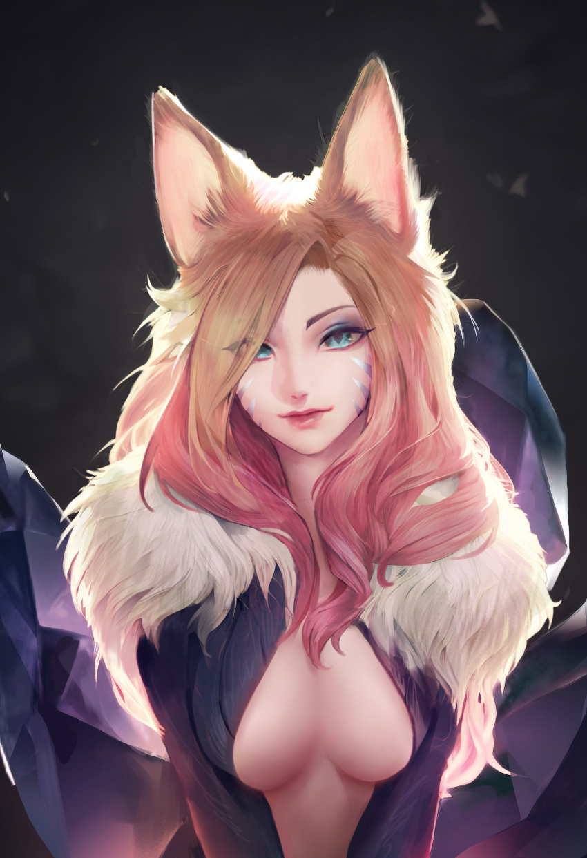 1girl absurdres ahri_(league_of_legends) ai-assisted bangs blonde_hair blue_eyes breasts breasts_apart charles_(106858) closed_mouth facial_mark fox gradient_hair highres k/da_(league_of_legends) k/da_ahri league_of_legends long_hair looking_at_viewer medium_breasts multicolored_hair multiple_tails pink_hair solo tail upper_body whisker_markings