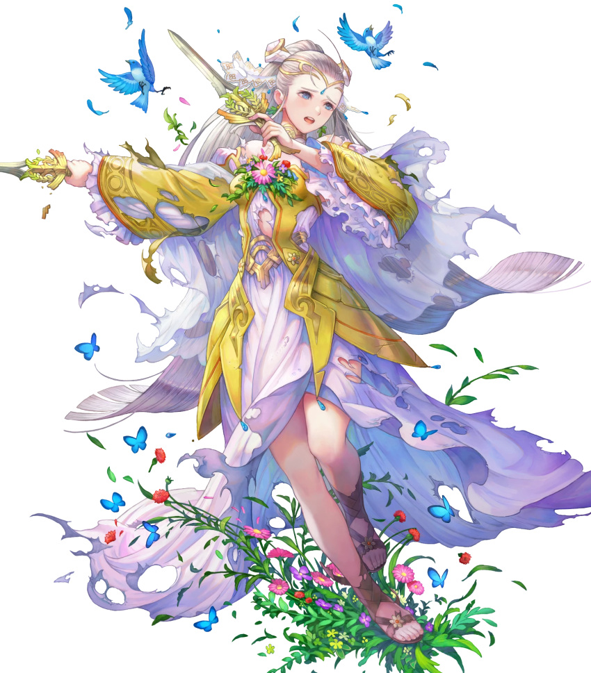 1girl animal bird blue_eyes breasts covered_collarbone dagger detached_sleeves dress earrings eir_(fire_emblem) fire_emblem fire_emblem_heroes flower flower_earrings frills full_body gold_trim grey_hair haccan hair_ornament highres holding holding_weapon jewelry knife long_dress long_hair medium_breasts non-web_source official_art ponytail sandals see-through tiara toeless_footwear transparent_background weapon wide_sleeves