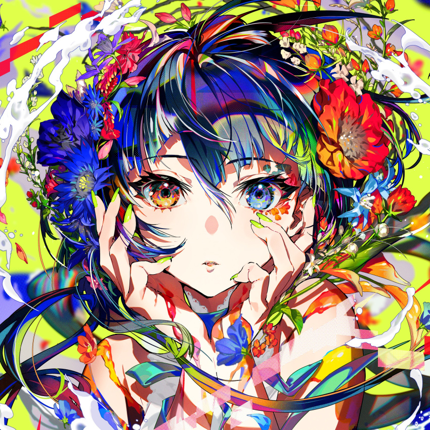 1girl absurdres blue_eyes blue_hair close-up flower green_background green_nails hair_flower hair_ornament heterochromia highres looking_at_viewer mika_pikazo original parted_lips red_eyes solo upper_body