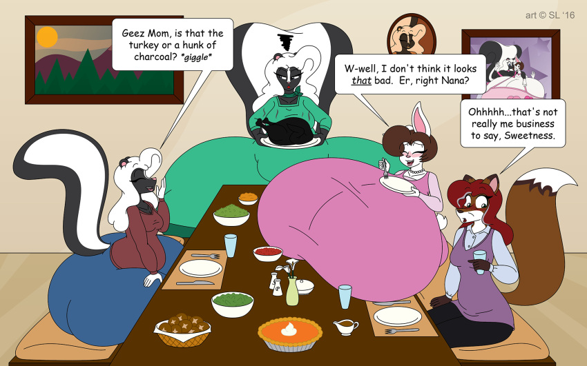 &copy; 2016 anthro belly big_breasts big_butt blue_eyes blush bonnie_(satsumalord) bottomwear bread breasts brown_hair burnt_food butt camille_(satsumalord) canid canine chelsea_(satsumalord) clothing cutlery dessert dress english_text eyes_closed female food fork fox fur furniture gael_(satsumalord) glass gravy gravy_boat green_eyes group hair hi_res holidays huge_breasts huge_butt huge_thighs hyper hyper_breasts jewelry kitchen_utensils knife lagomorph leporid mammal mephitid necklace overweight overweight_anthro overweight_female pants pie pie_(food) plate pumpkin_pie rabbit red_hair satsumalord skunk speech_bubble symbol table text thanksgiving thick_thighs tools topwear white_body white_fur white_hair wide_hips