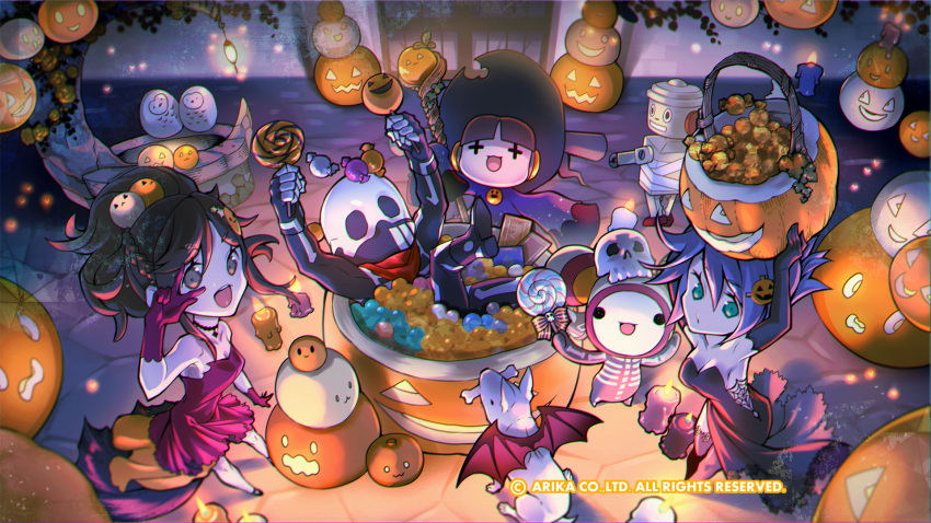 +_+ black_dress breasts brown_hair candle candy cleavage dog dress food full_body gloves halloween headphones highres long_hair long_sleeves looking_at_viewer multiple_girls official_art official_wallpaper open_mouth pumpkin short_hair skullomania smile street_fighter street_fighter_ex_(series) technictix v