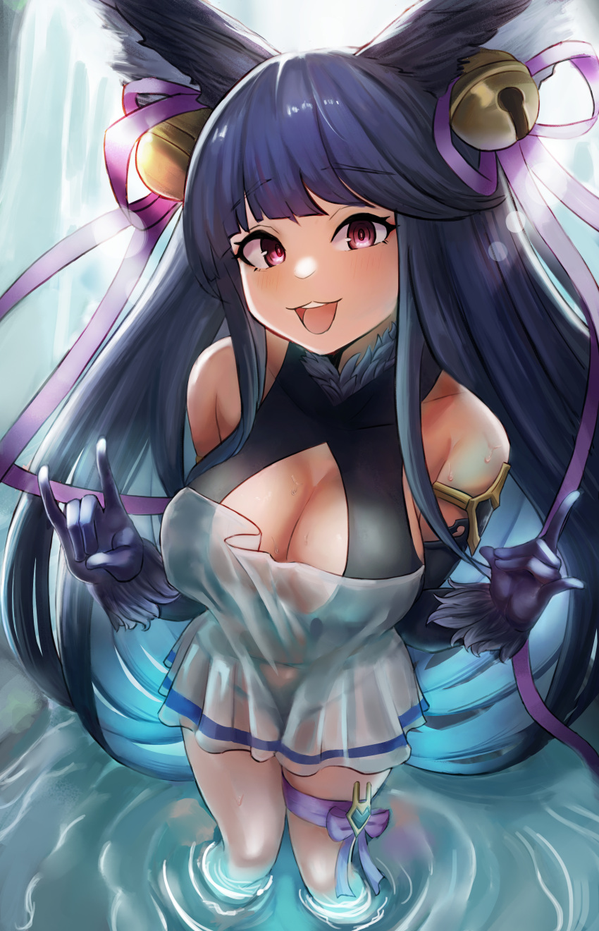 1girl :3 absurdres animal_ears bell breasts cleavage dnumde dress fox_ears gloves granblue_fantasy hair_bell hair_ornament hair_ribbon halterneck highres long_hair red_eyes ribbon see-through short_dress smile sweat tagme thigh_strap thighs water wet wet_clothes yuel_(granblue_fantasy)