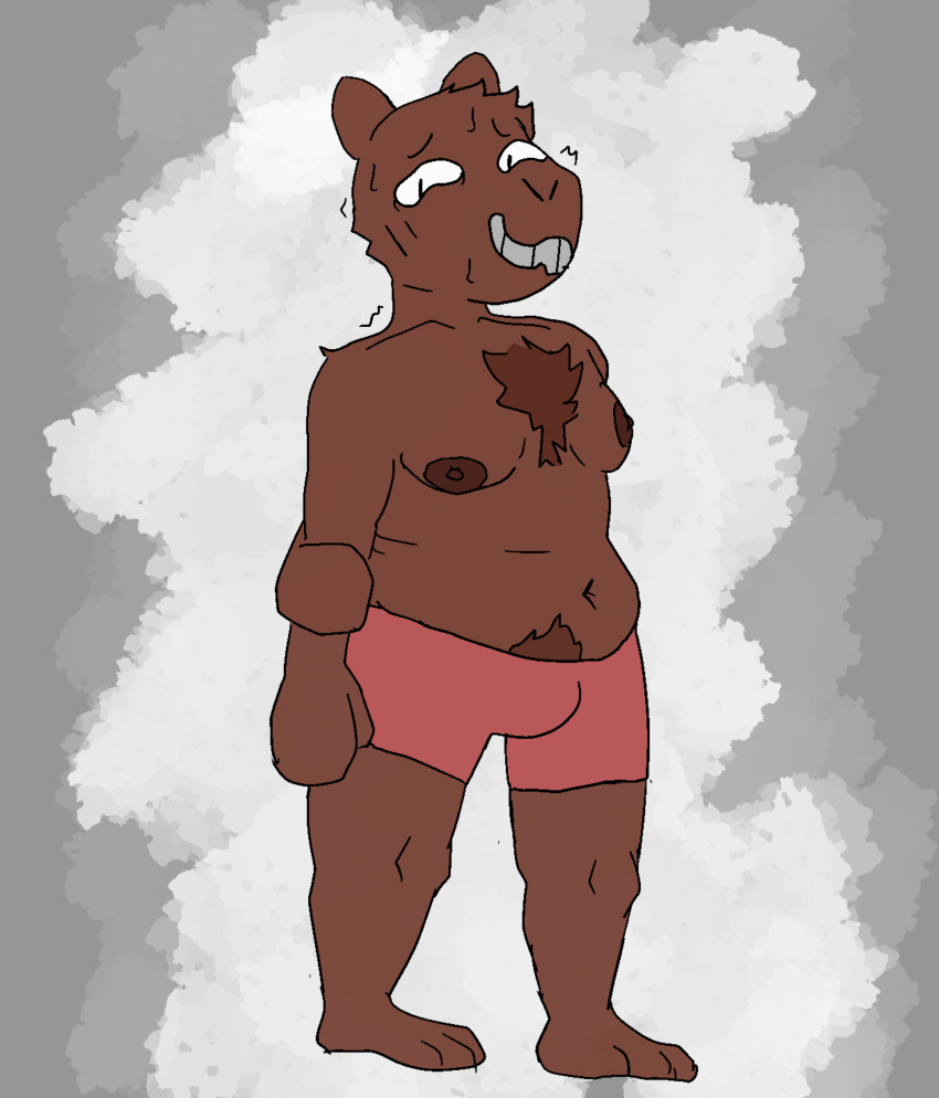 absurd_res bodily_fluids brown_nose bulge capybara caviid chest_tuft clothing dark_body full-length_portrait hi_res humanoid krisfe male male/male mammal moobs nervous portrait pubes rodent slightly_chubby smile smiling_at_viewer solo sweat tuft underwear