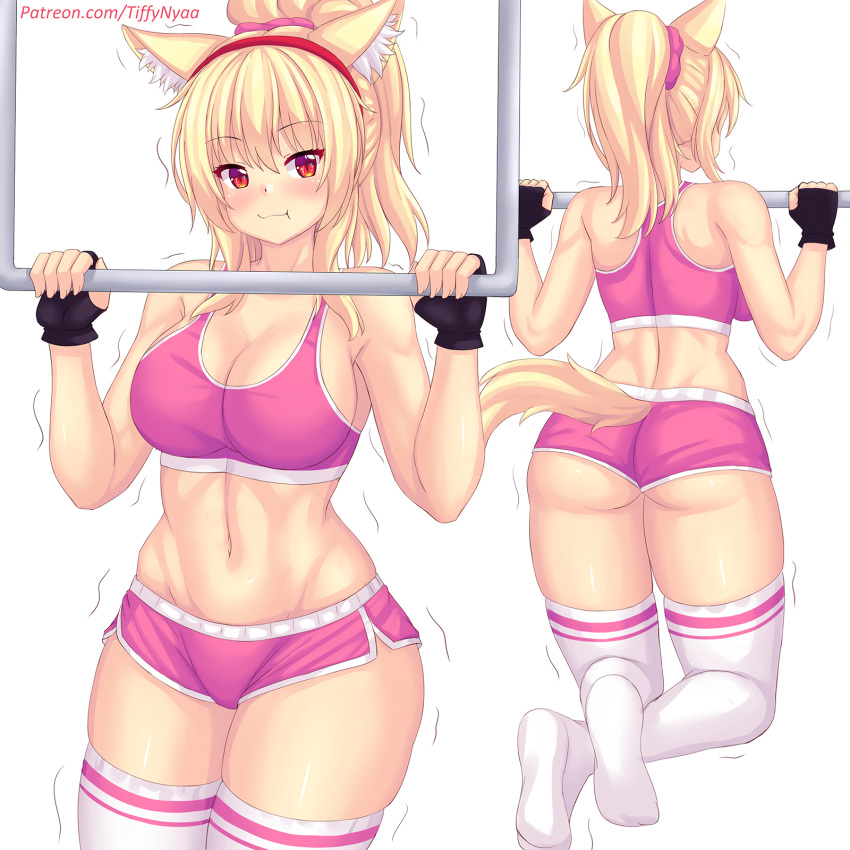 1girl animal_ears ass bangs blonde_hair blush breasts cat_ears cat_girl cat_tail closed_mouth english_commentary highres large_breasts long_hair multiple_views nottytiffy original pink_shorts ponytail pullups red_eyes short_shorts shorts squatting tail thighhighs thighs tiffy_(nottytiffy) white_thighhighs