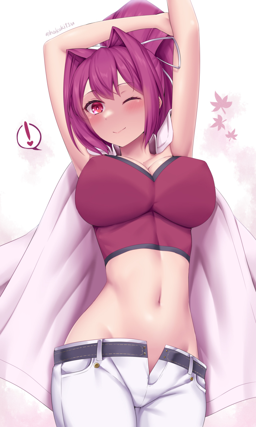 1girl absurdres breasts camisole crop_top highres jacket jacket_on_shoulders large_breasts midriff navel one_eye_closed open_fly pants ponytail purple_eyes purple_hair smile solo soukitsu stomach stretching under_night_in-birth white_pants yuzuriha_(under_night_in-birth)