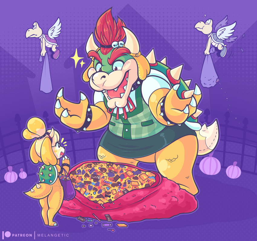 alternate_costume animal_crossing anthro bowser candy canid canine claws clothing clothing_swap cosplay costume crossover crossover_cosplay dessert female floppy_ears food group hair halloween hi_res holidays horn isabelle_(animal_crossing) koopa koopa_paratroopa koopa_troopa male mammal mario_bros melangetic nintendo open_mouth open_smile red_hair scalie signature smile teeth video_games wings