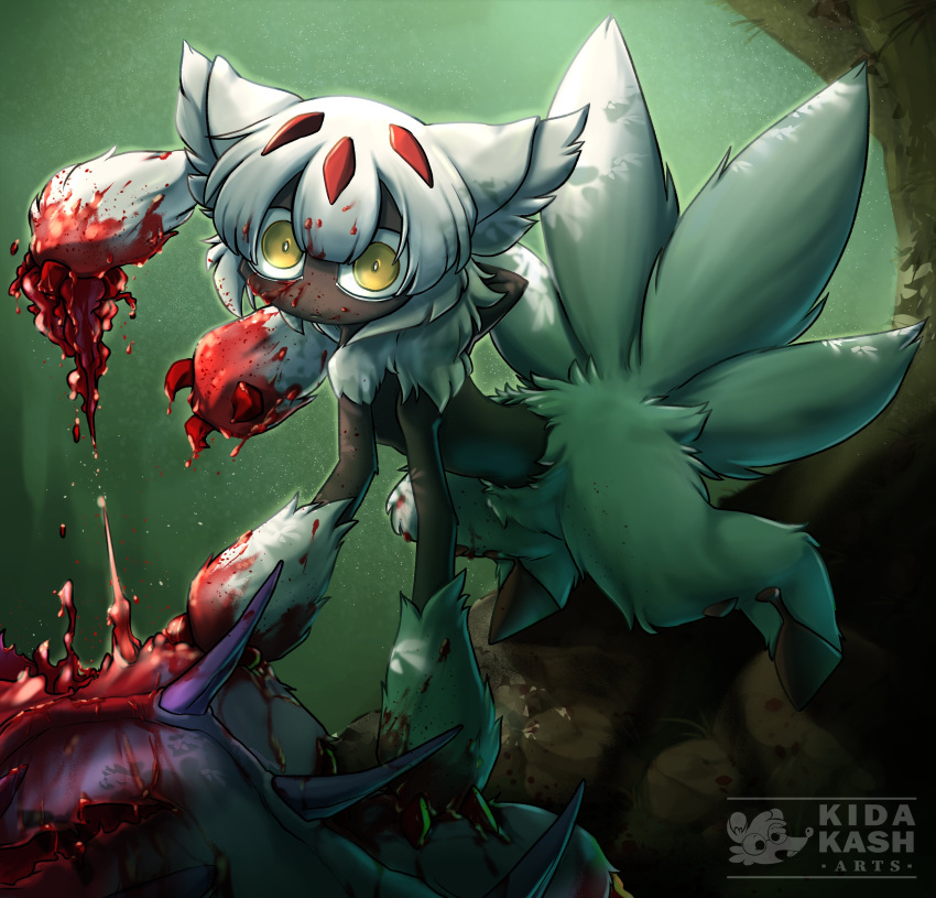 absurdres blood blood_on_face blood_on_hands claws faputa flesh fur green_background guro highres kidakash made_in_abyss tearing_up white_fur yellow_eyes