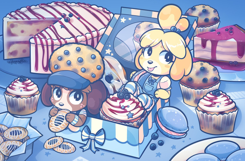 animal_crossing anthro blep brother brother_and_sister cake canid canine clothing cupcake dessert digby_(animal_crossing) duo eating female floppy_ears food hi_res isabelle_(animal_crossing) male mammal melangetic nintendo sibling signature sister tongue tongue_out video_games