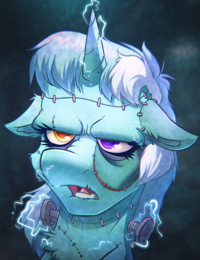 bolts electricity equid equine frankenstein's_monster friendship_is_magic hasbro heterochromia hi_res horn lyra_heartstrings_(mlp) mammal my_little_pony portrait purple_eyes solo stitch_(sewing) unicorn witchtaunter yellow_eyes