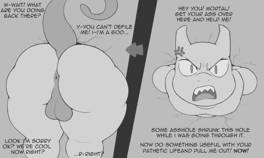 angry anthro anus apology balls big_butt butt cracks cross-popping_vein digital_media_(artwork) english_text front_view generation_1_pokemon genitals glare glaring glaring_at_viewer hi_res huge_butt imminent_anal imminent_rape imminent_sex legendary_pokemon male mammal mewtwo monochrome nintendo nude overweight overweight_male perineum pokemon pokemon_(species) profanity raised_tail rear_view sharp_teeth simple_background snout solo solo_focus stone_wall stuck teeth text thick_thighs through_wall video_games wall_(structure) yelling zlut385