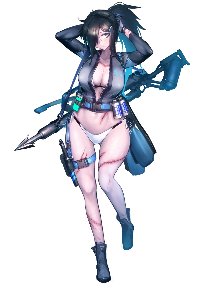 1girl belt bikini black_footwear black_gloves black_hair black_jacket blue_eyes breasts cleavage commission dairoku_ryouhei explosive flippers full_body gloves glowstick grenade hair_over_one_eye harpoon_gun hetza_(hellshock) highres jacket large_breasts long_hair looking_at_viewer navel ponytail scar scar_on_chest scar_on_leg scar_on_stomach side-tie_bikini_bottom snorkel solo stitches swimsuit tachi-e transparent_background wet white_bikini