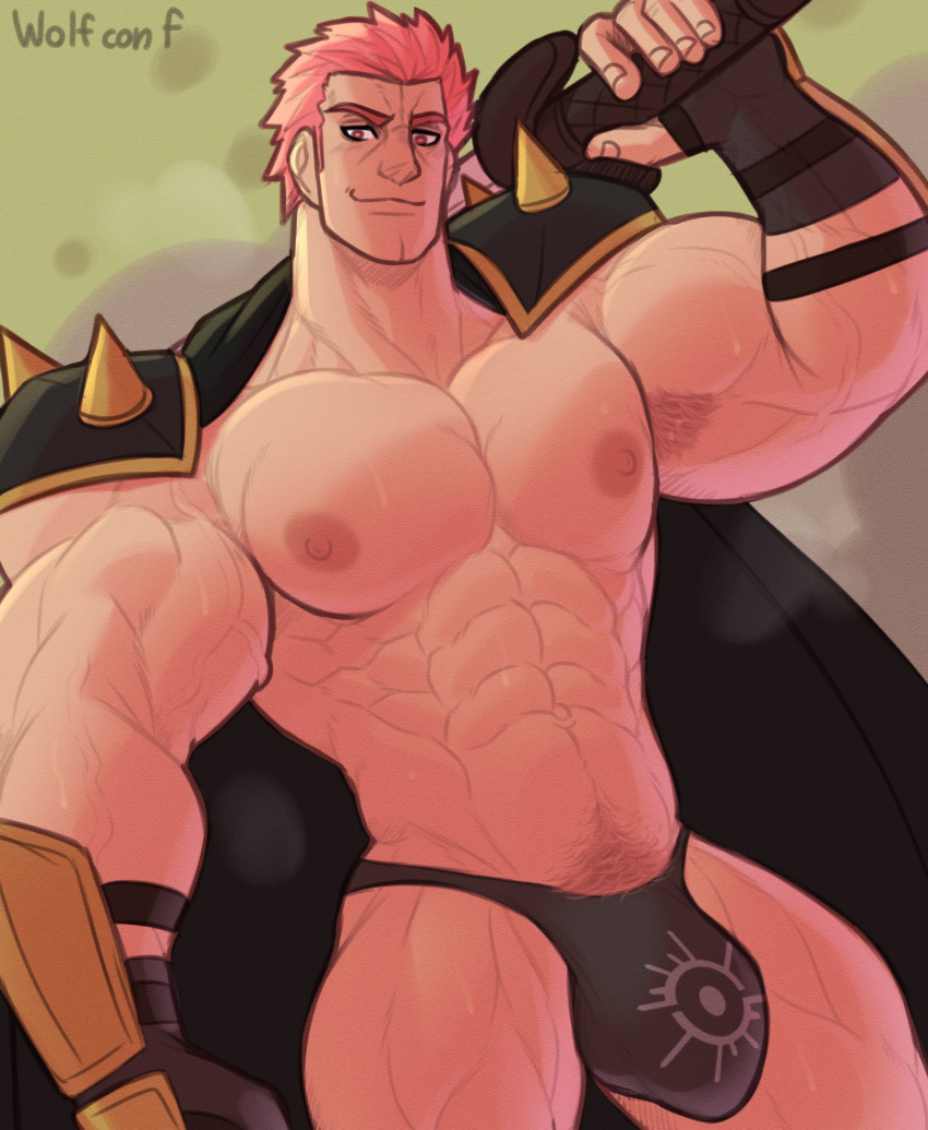 1boy abs armor armpit_hair armpits artist_name bara biceps bulge cape f_con feet_out_of_frame fingerless_gloves fire_emblem fire_emblem:_three_houses fire_emblem_warriors:_three_hopes gauntlets gloves highres holding holding_weapon holst_sigiswald_goneril large_pectorals looking_at_viewer male_focus male_swimwear manly mature_male navel navel_hair nipples over_shoulder pectorals pink_eyes pink_hair short_hair shoulder_armor signature simple_background smirk solo spiked_armor spiked_hair swim_briefs thick_arms thick_eyebrows thick_thighs thighs veins veiny_arms weapon weapon_over_shoulder