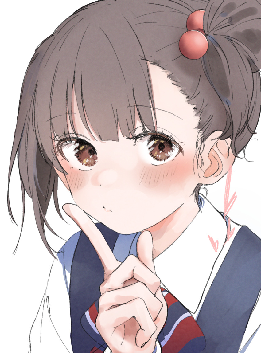 1girl absurdres asymmetrical_bangs bangs black_vest blunt_bangs blush brown_eyes brown_hair closed_mouth collared_shirt dot_nose hair_bobbles hair_ornament highres idolmaster idolmaster_million_live! index_finger_raised looking_at_viewer meeeeeeco359 nakatani_iku one_side_up portrait shirt short_hair simple_background solo vest white_background white_shirt