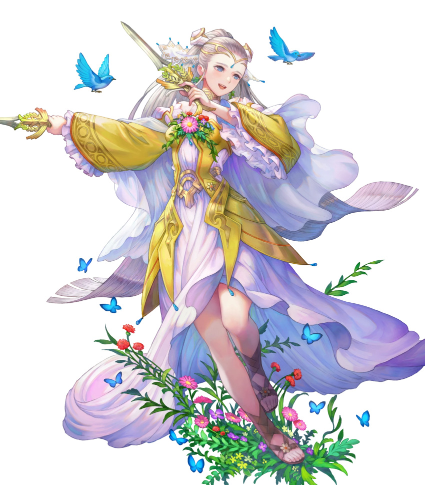 1girl animal bird blue_eyes breasts covered_collarbone dagger detached_sleeves dress earrings eir_(fire_emblem) fire_emblem fire_emblem_heroes flower flower_earrings frills full_body gold_trim grey_hair haccan hair_ornament highres holding holding_weapon jewelry knife long_dress long_hair medium_breasts non-web_source official_art ponytail sandals see-through tiara toeless_footwear transparent_background weapon wide_sleeves