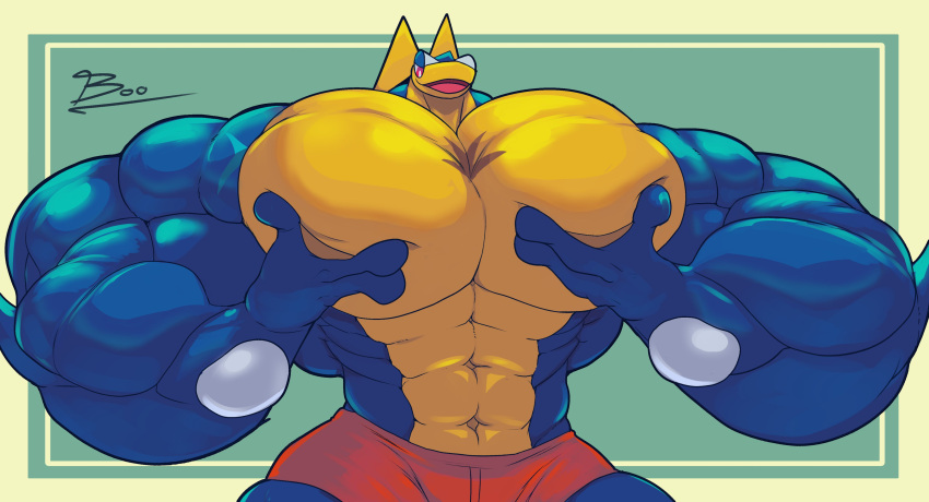 abs absurd_res amphibian anthro biceps big_muscles bottomwear clothing frog generation_6_pokemon greninja hi_res male muscular muscular_anthro muscular_male nintendo open_mouth pec_grasp pecs pokemon pokemon_(species) red_eyes scar shorts solo unusualboo54 video_games zen_(unusualboo54)