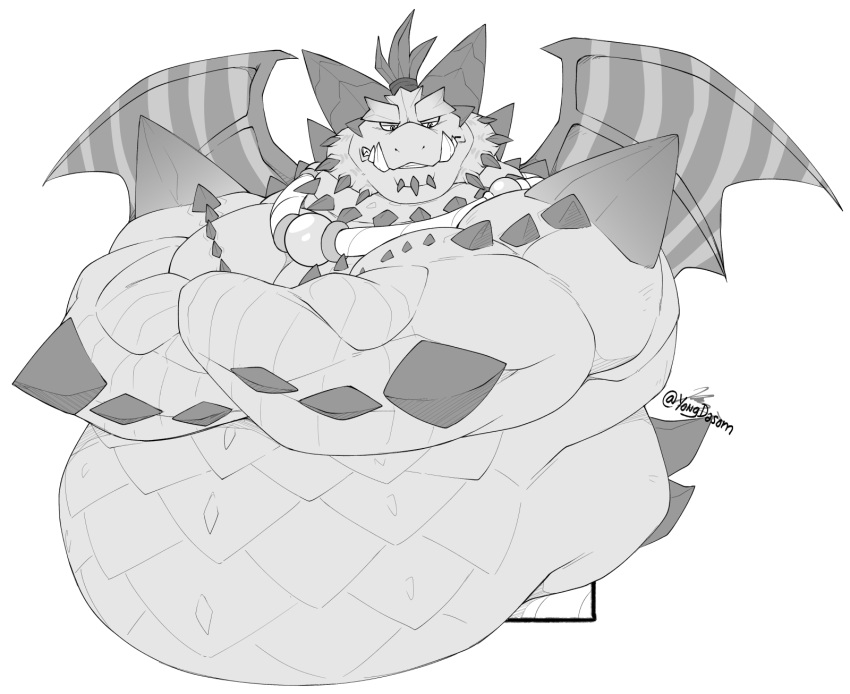 activision anthro belly biceps collar crossed_arms dragon hi_res horn looking_down magnus_(spyro) male monochrome musclegut muscular muscular_anthro muscular_male reptile rescued_dragons_(spyro) scalie solo spikes spyro_reignited_trilogy spyro_the_dragon teeth tusks video_games wings yongdasom