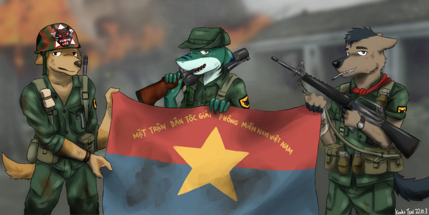 absurd_res assault_rifle canid canine canis cigarette clothed clothing colored domestic_dog fish flag fully_clothed group gun hi_res krahs_tsai m16 male mammal marine military military_uniform multicolored_body ranged_weapon rifle shark smoking two_tone_body uniform vietnam vietnam_war weapon wolf