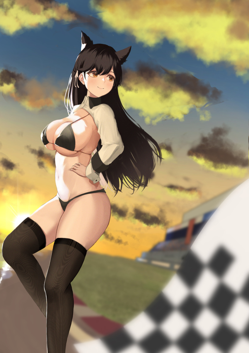 1girl absurdres animal_ears atago_(azur_lane) atago_(stunning_speedster)_(azur_lane) azur_lane bikini black_bikini black_hair black_thighhighs blurry blurry_foreground breasts checkered_flag evening extra_ears fine_fabric_emphasis flag from_side hair_ribbon hand_on_hip highres kamino22 large_breasts leg_up long_hair looking_away looking_to_the_side mole mole_under_eye official_alternate_costume orange_eyes race_queen ribbon shrug_(clothing) solo standing sunset swimsuit thighhighs white_ribbon wrist_cuffs