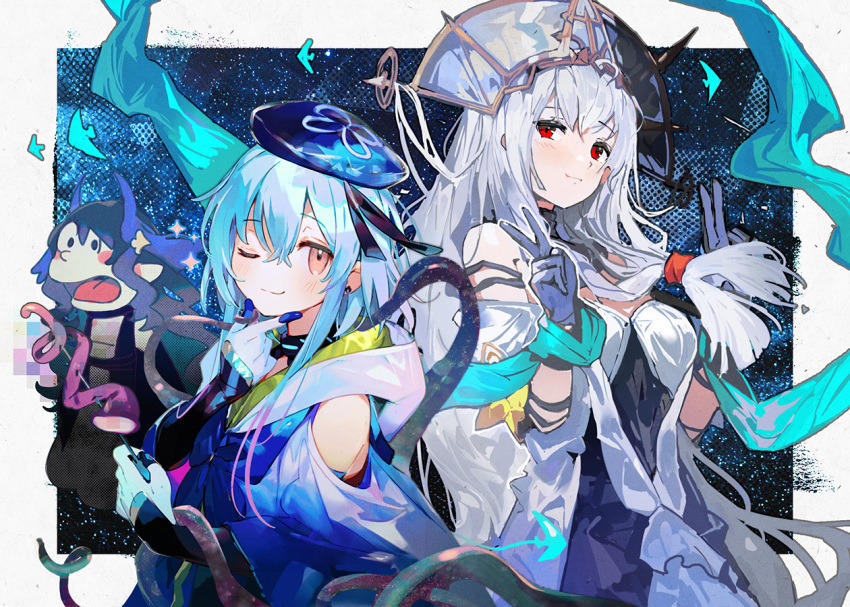 1boy 1girl alchemaniac arknights bangs bare_shoulders blue_cloak blue_hair blue_headwear blue_ribbon blush choker cloak clothing_cutout collage doraemon double_v dress gloves hands_on_own_chin hat hat_ribbon headdress highmore_(arknights) horns light_smile long_hair mizuki_(arknights) namie-kun non-web_source off-shoulder_dress off_shoulder official_alternate_costume otoko_no_ko parody purple_eyes red_eyes ribbon short_hair_with_long_locks shoulder_cutout skadi_(arknights) skadi_the_corrupting_heart_(arknights) skadi_the_corrupting_heart_(sublimation)_(arknights) smile solo surprised tentacles v very_long_hair