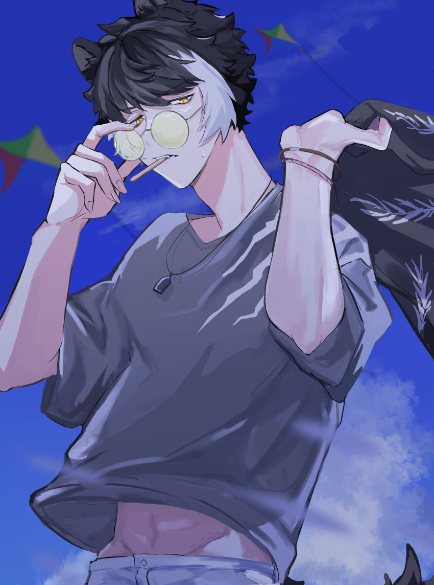 1boy adjusting_eyewear animal_ears bangs black_hair blurry bracelet cloud day depth_of_field dog_tags fangs fingernails food grey_shirt highres holding holding_clothes holding_jacket holostars jackal_boy jackal_ears jackal_tail jacket jacket_over_shoulder jacket_removed jewelry kageyama_shien kite looking_at_viewer male_focus midriff_peek miyanokankyu mouth_hold multicolored_hair official_alternate_costume pants popsicle round_eyewear shirt short_hair solo sweat t-shirt tail tinted_eyewear two-tone_hair upper_body virtual_youtuber white_hair white_pants yellow-tinted_eyewear yellow_eyes