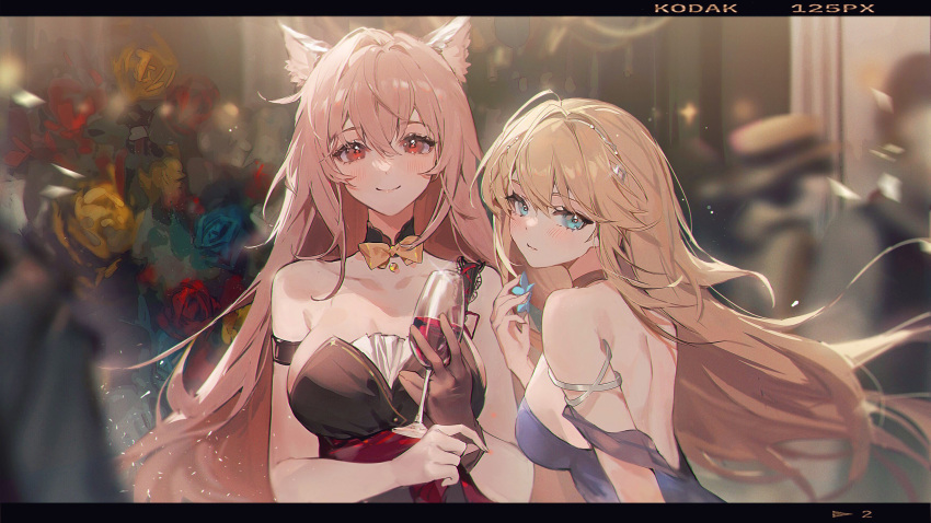 2girls absurdres alcohol animal_ears armband bangs bare_back bare_shoulders blonde_hair blue_dress blue_eyes blush bow bowtie breasts character_request choker commentary_request cup cupping_glass dress girls'_frontline hair_between_eyes hand_up highres holding holding_cup kuuus large_breasts letterboxed long_hair looking_at_viewer multiple_girls pink_hair red_eyes smile strapless strapless_dress upper_body very_long_hair wine yellow_bow yellow_bowtie
