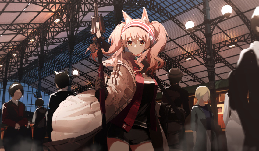 3boys 3girls a.a_(aa772) angelina_(arknights) animal_ear_fluff animal_ears arknights bangs black_gloves black_hair black_shirt black_shorts blonde_hair breasts brown_hair ceiling_light closed_mouth commentary_request gloves hair_between_eyes hairband highres holding holding_polearm holding_weapon indoors jacket lamppost long_hair long_sleeves looking_away looking_to_the_side medium_breasts multiple_boys multiple_girls open_clothes open_jacket polearm red_eyes red_hairband red_jacket shirt short_shorts shorts solo_focus spear train_station twintails weapon white_jacket