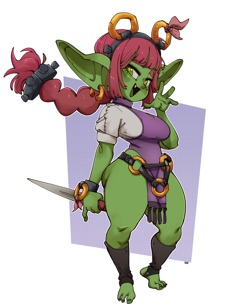 absurd_res breasts clothed clothing ear_piercing ear_ring female goblin green_body green_skin hi_res holding_knife holding_object humanoid knife nuclearwasabi piercing ring_piercing short_stack solo