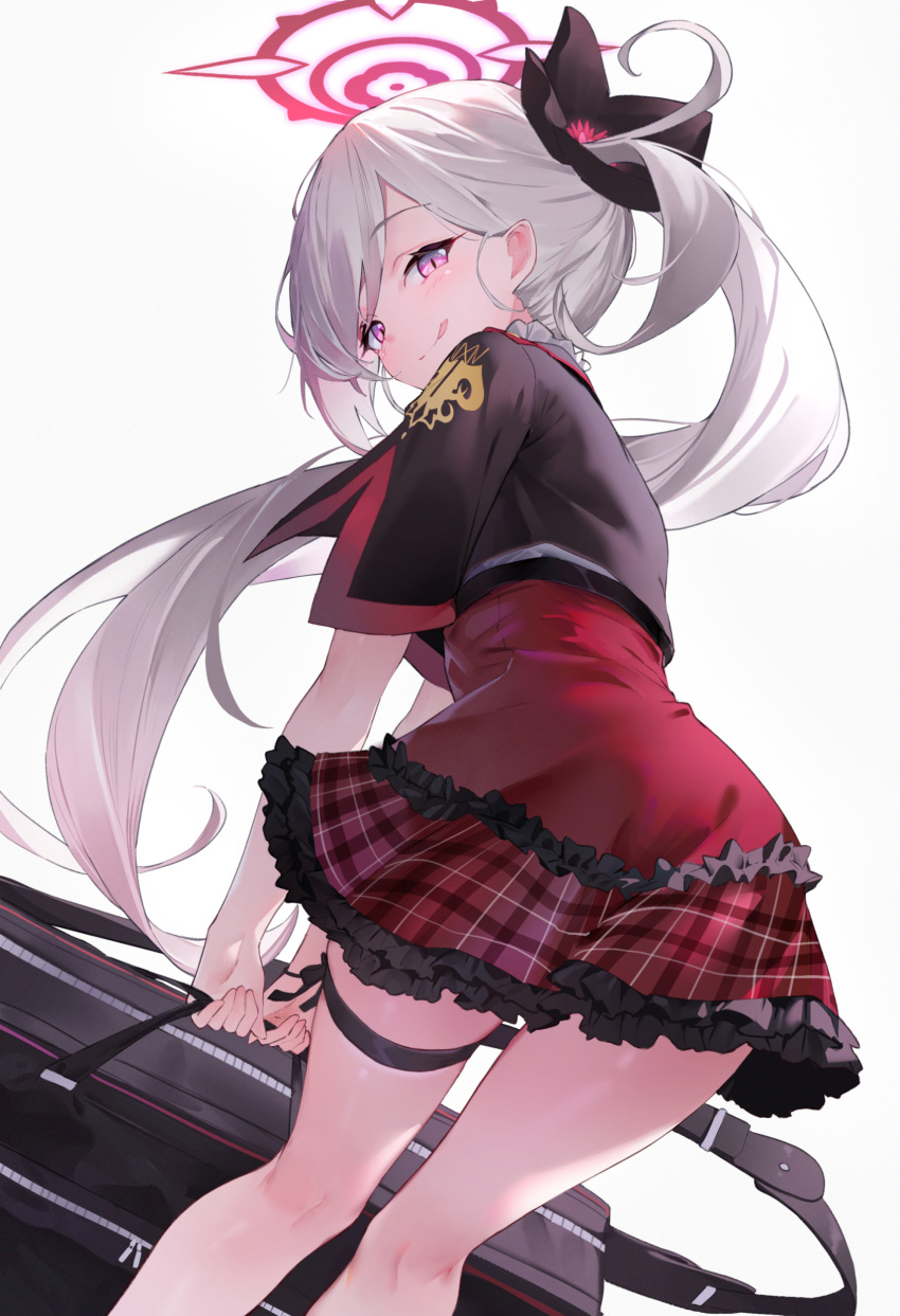 1girl :p absurdres bangs black_bag blue_archive blush flower frilled_skirt frills grey_hair hair_flower hair_ornament halo highres holding isaya_(pixiv4541633) long_hair looking_at_viewer mutsuki_(blue_archive) plaid plaid_skirt pointy_ears purple_eyes shirt side_ponytail simple_background skirt smile solo thigh_strap tongue tongue_out very_long_hair white_background white_hair