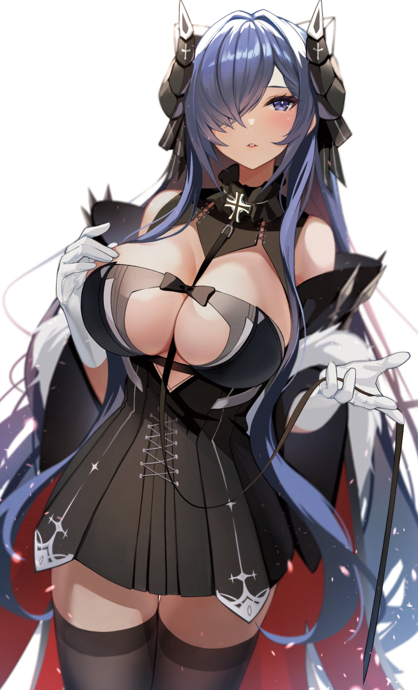 1girl absurdres august_von_parseval_(azur_lane) azur_lane bangs between_breasts black_horns blue_eyes blue_hair breasts clothing_cutout cross cross-laced_dress curled_horns dress gloves hair_over_one_eye hand_on_own_chest hand_up highres horns iron_cross large_breasts long_bangs mechanical_horns microdress one_eye_covered rikiddo_(tise_00) strap_between_breasts two-tone_dress white_gloves