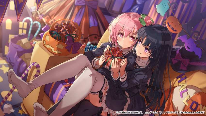 2girls assault_lily bangs black_hair black_headwear black_ribbon black_skirt black_thighhighs blurry blurry_background blush bow candy candy_cane closed_mouth clover_hair_ornament commentary_request couch cropped_jacket dress dress_removed food four-leaf_clover_hair_ornament frilled_skirt frills gift gift_bag hair_between_eyes hair_ornament halloween halloween_bucket hands_up hat hat_removed heads_together headwear_removed high-waist_skirt hitotsuyanagi_riri holding holding_gift indoors jack-o'-lantern jewelry juliet_sleeves leg_ribbon legs_up long_hair long_sleeves looking_at_viewer looking_to_the_side michairu miniskirt multiple_girls neck_ribbon no_shoes official_art on_couch one_side_up orange_dress pink_eyes pink_hair puffy_sleeves purple_bow purple_eyes ribbon ring school_uniform shirai_yuyu shirt short_hair sideways_glance sitting sitting_on_lap sitting_on_person skirt smile thigh_ribbon thighhighs watermark white_shirt white_thighhighs window witch_hat yuri yurigaoka_girls_academy_school_uniform