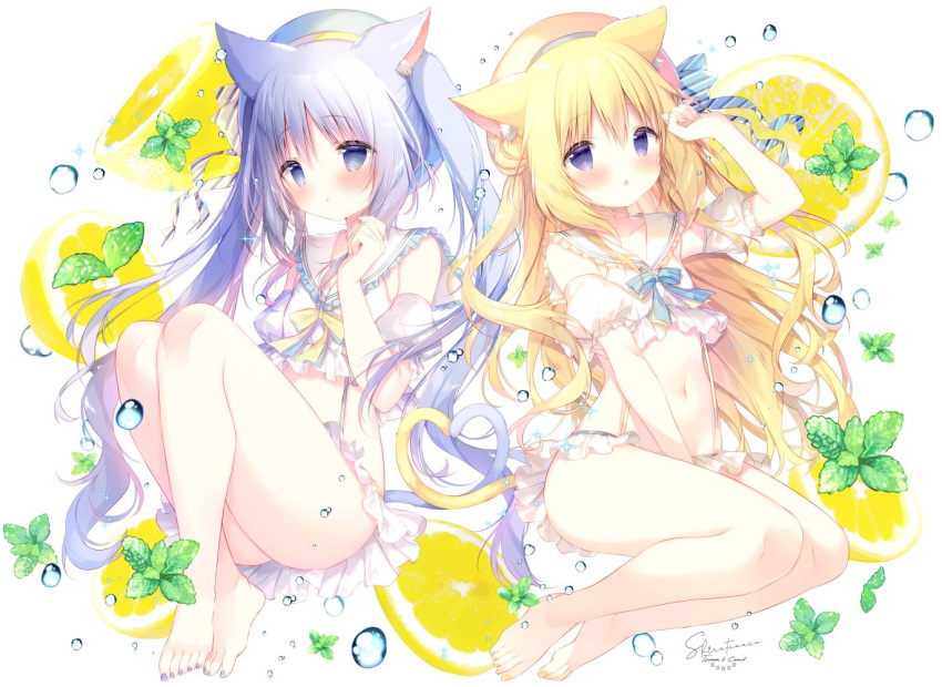 2girls animal_ears bare_arms barefoot beret blonde_hair blue_bow blue_eyes blue_hair blue_headwear blue_nails bow brown_bow cat_ears cat_girl cat_tail closed_mouth commentary_request crossed_ankles detached_sleeves diagonal-striped_bow double_bun food frilled_sailor_collar frills fruit hair_bun hat heart_tail_duo lemon long_hair multiple_girls nail_polish navel original parted_lips puffy_short_sleeves puffy_sleeves sailor_collar shiratama_(shiratamaco) shirt short_sleeves simple_background sleeveless sleeveless_shirt tail toenail_polish toenails twintails very_long_hair water_drop white_background white_sailor_collar white_shirt white_sleeves yellow_headwear yellow_nails