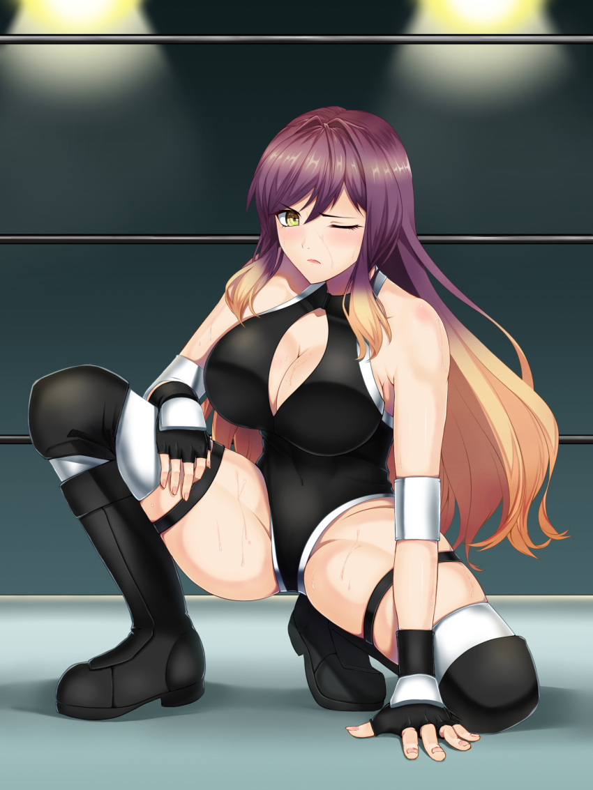 1girl black_footwear black_leotard boots breasts brown_hair cleavage_cutout clothing_cutout competition_swimsuit exhausted gradient_hair highres hijiri_byakuren knee_boots knee_pads large_breasts leotard lights long_hair mattyakinako_(odango_imomushi) multicolored_hair one-piece_swimsuit one_eye_closed one_knee open_mouth purple_eyes purple_hair solo sweatdrop swimsuit thigh_boots touhou touhou_tag_dream two-tone_hair wavy_hair wrestling_outfit wrestling_ring