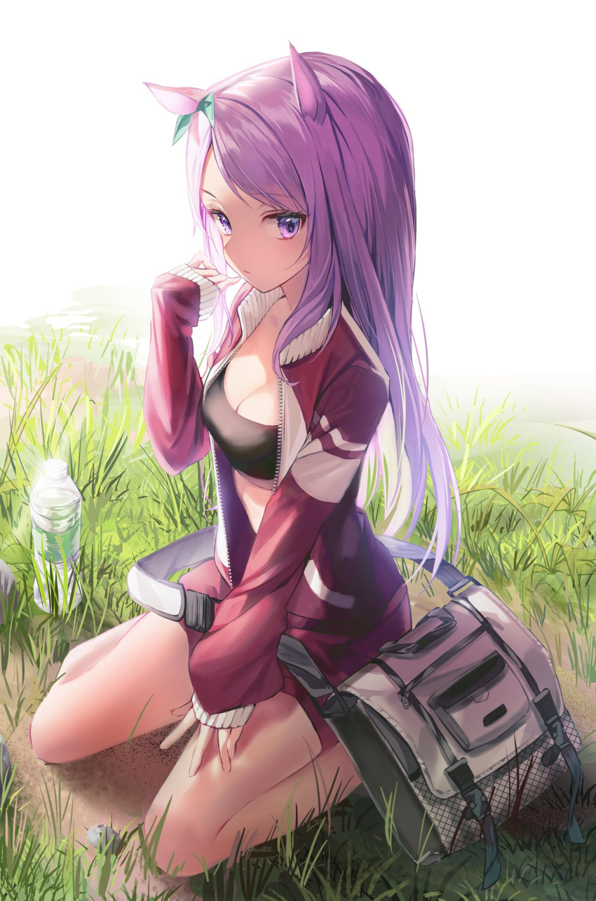 1girl animal_ears bag bangs bare_legs bottle breasts cleavage closed_mouth commentary crop_top dirt ear_ornament forehead grass hand_up highres horse_ears horse_girl jacket legs_folded long_hair looking_at_viewer mejiro_mcqueen_(umamusume) nagul open_clothes open_jacket outdoors parted_bangs pointy_nose purple_eyes purple_hair simple_background sitting sleeves_past_wrists small_breasts solo tracen_training_uniform umamusume wariza water_bottle white_background zipper