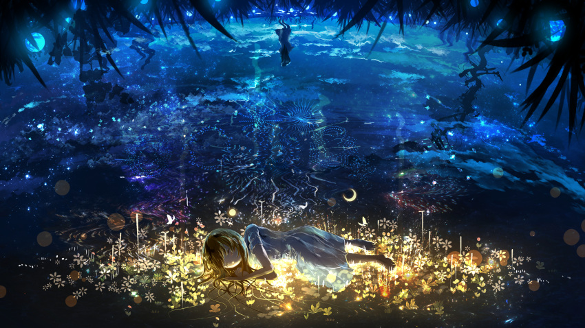 1girl black_hair closed_eyes closed_mouth cloud commentary_request dreaming dress feet fireworks flower full_body grass highres long_hair lying lying_on_water moon night night_sky on_side original poniila1234 reflection reflective_water scenery sky sleeping star_(sky) starry_sky toes water white_dress