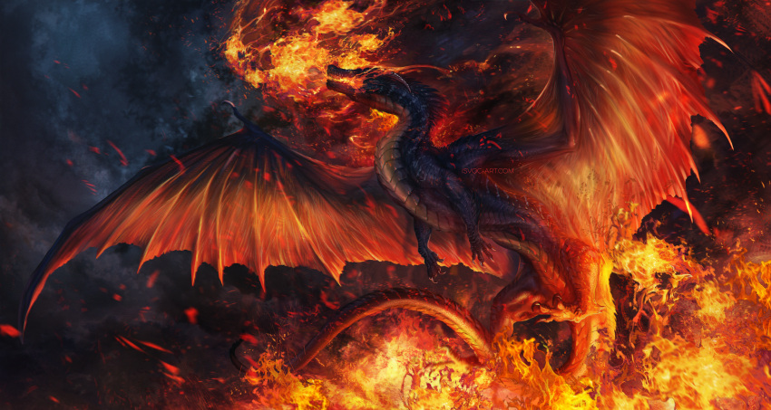 2022 ambiguous_gender black_body black_scales claws detailed_background digital_media_(artwork) dragon feral fire hi_res horn isvoc membrane_(anatomy) membranous_wings night outside scales scalie solo spines western_dragon wings