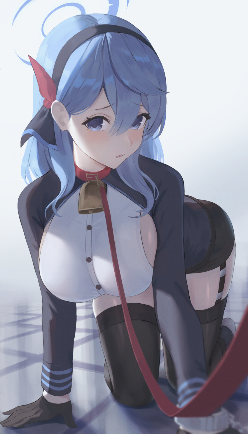 1girl absurdres ako_(blue_archive) all_fours bell black_gloves black_hairband black_thighhighs blue_archive blue_eyes blue_hair blurry bow breasts buttons collar cowbell depth_of_field garter_straps gloves hair_bow hairband halo highres hiroserii large_breasts leash neck_bell on_floor parted_lips pet_play raised_eyebrows red_collar solo thighhighs thighs