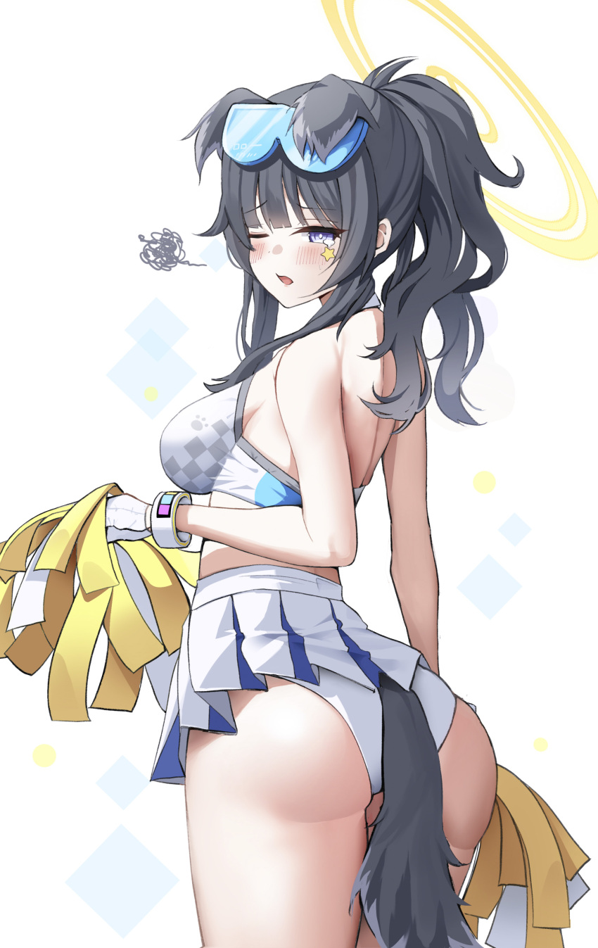 1girl absurdres animal_ears ass bare_shoulders black_hair blue_archive blue_eyes breasts cheerleader cowboy_shot crop_top dog_ears dog_girl dog_tail eyewear_on_head facial_mark from_behind goggles goggles_on_head halo hibiki_(blue_archive) hibiki_(cheerleader)_(blue_archive) highres holding holding_pom_poms looking_at_viewer looking_back medium_breasts microskirt miniskirt panties pom_pom_(cheerleading) sideboob simple_background skirt solo spoken_squiggle squiggle star_(symbol) star_facial_mark star_sticker sticker_on_arm sticker_on_face tail text_print underwear white_background yuchae