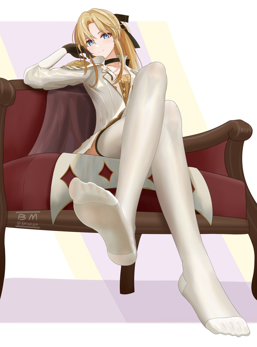 1girl armchair artist_name azur_lane bangs bare_legs barefoot black_choker black_gloves black_ribbon blonde_hair blue_eyes bm_(bm364364) breasts chair choker closed_mouth couch crossed_legs dress english_commentary eyes_visible_through_hair feet from_below full_body gloves hair_between_eyes hair_ribbon highres long_hair looking_at_viewer mixed-language_commentary parted_bangs ribbon sidelocks simple_background sitting small_breasts smile soles solo thighhighs twitter_username vanguard_(azur_lane) white_background white_dress white_thighhighs