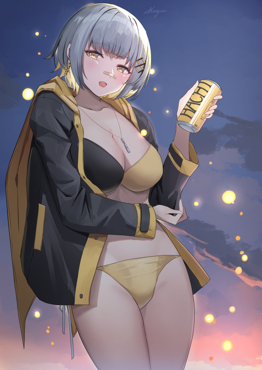 1girl bandaid bandaid_on_face bandaid_on_nose bangs bikini black_jacket blonde_hair blush breasts can cleavage grey_hair hachi_(live_union) hair_ornament highres holding holding_can jacket jewelry large_breasts live_union long_sleeves looking_at_viewer multicolored_hair necklace open_clothes open_jacket open_mouth outdoors short_hair shougun_(chuckni1) smile solo swimsuit thighs two-tone_bikini yellow_eyes