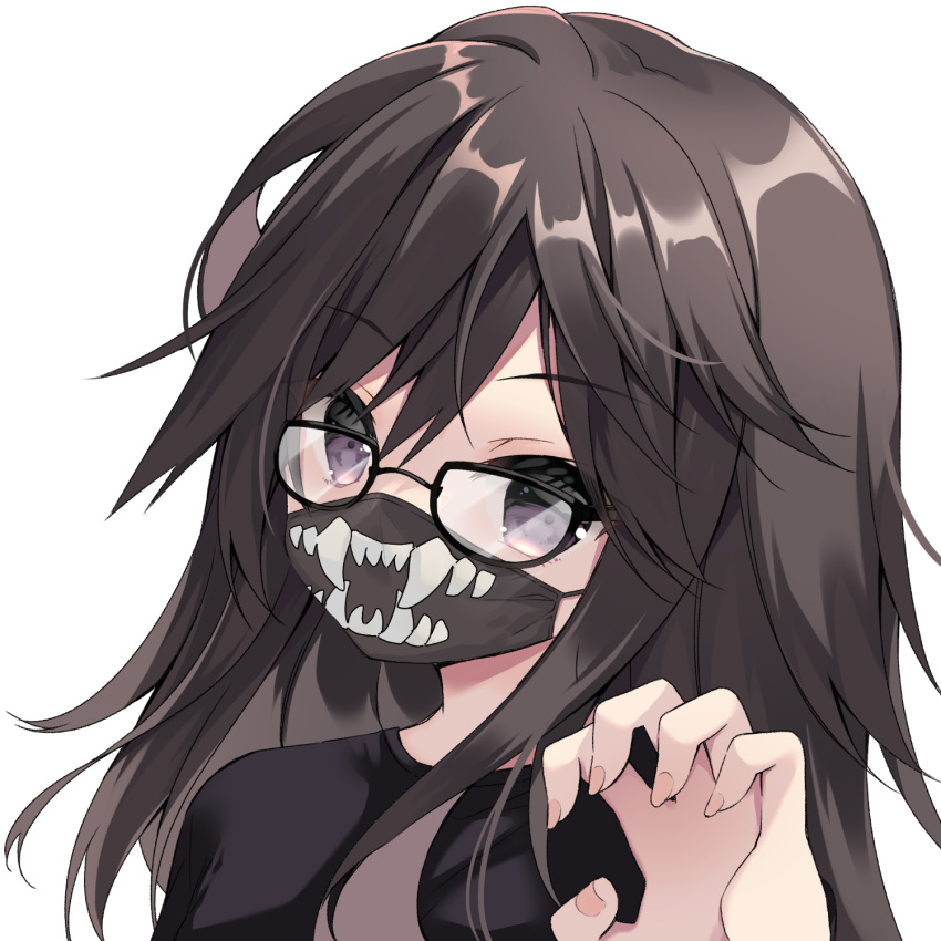 1girl bangs black-framed_eyewear black_hair black_shirt claw_pose glasses hair_between_eyes hand_up highres long_hair looking_at_viewer mask mouth_mask original purinpurin purple_eyes shirt simple_background solo upper_body white_background