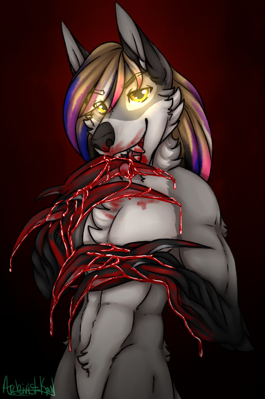 anthro archivist-kayl blood blood_dripping blood_in_mouth blood_on_hand bodily_fluids canid canine canis claws genderfluid_pride_colors glowing glowing_eyes hair hi_res lgbt_pride licking_claws male mammal multicolored_hair mutation nekros_(character) pride_colors prototype_(game) solo wolf