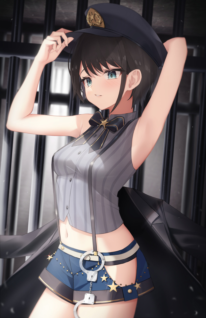 1girl absurdres aqua_eyes arm_behind_head armpits bare_arms black_bow black_bowtie black_jacket blue_shorts bow bowtie brown_hair clothing_cutout cowboy_shot crop_top cuffs hand_on_headwear handcuff_dangle handcuffs hat highres hip_vent hololive jacket looking_to_the_side midriff navel oozora_subaru parted_lips peaked_cap police_hat shirt short_hair short_shorts shorts sleeveless sleeveless_shirt solo standing star_(symbol) striped striped_shirt suspender_shorts suspenders thighs thomas_8000 two-tone_shirt virtual_youtuber