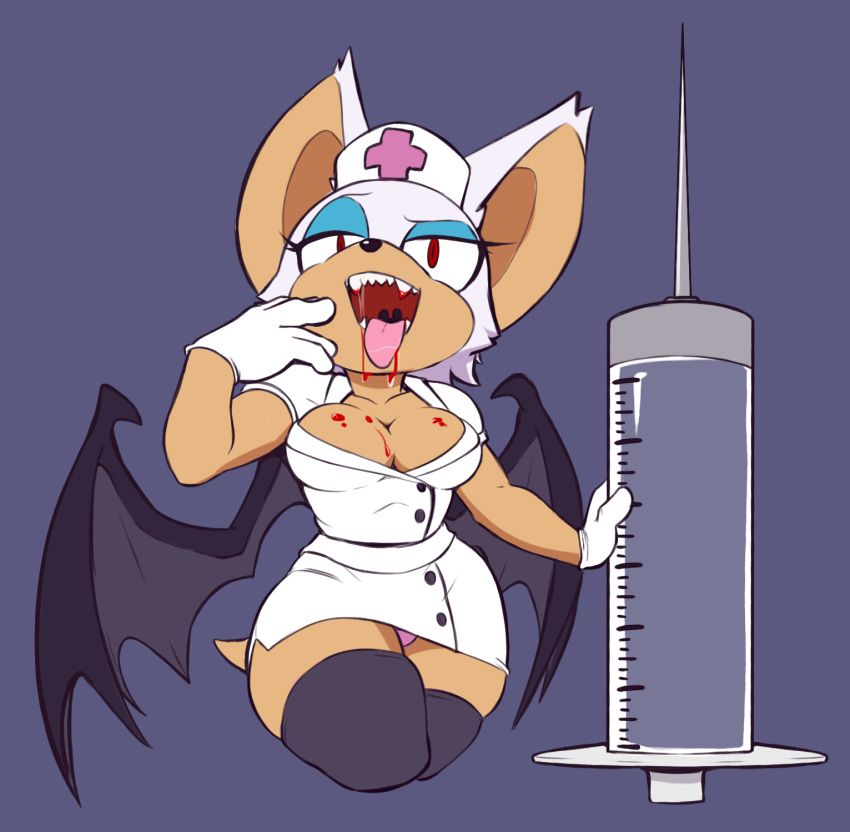 2018 anthro bat_wings blood bodily_fluids brachyzoid breasts chiropteran cleavage clothed clothing eyeshadow female fingers fur gloves handwear hat headgear headwear hi_res looking_at_viewer makeup mammal membrane_(anatomy) membranous_wings nurse_clothing open_mouth red_eyes rouge_the_bat saliva sega simple_background solo sonic_the_hedgehog_(series) tan_body tan_skin teeth white_body white_fur wings