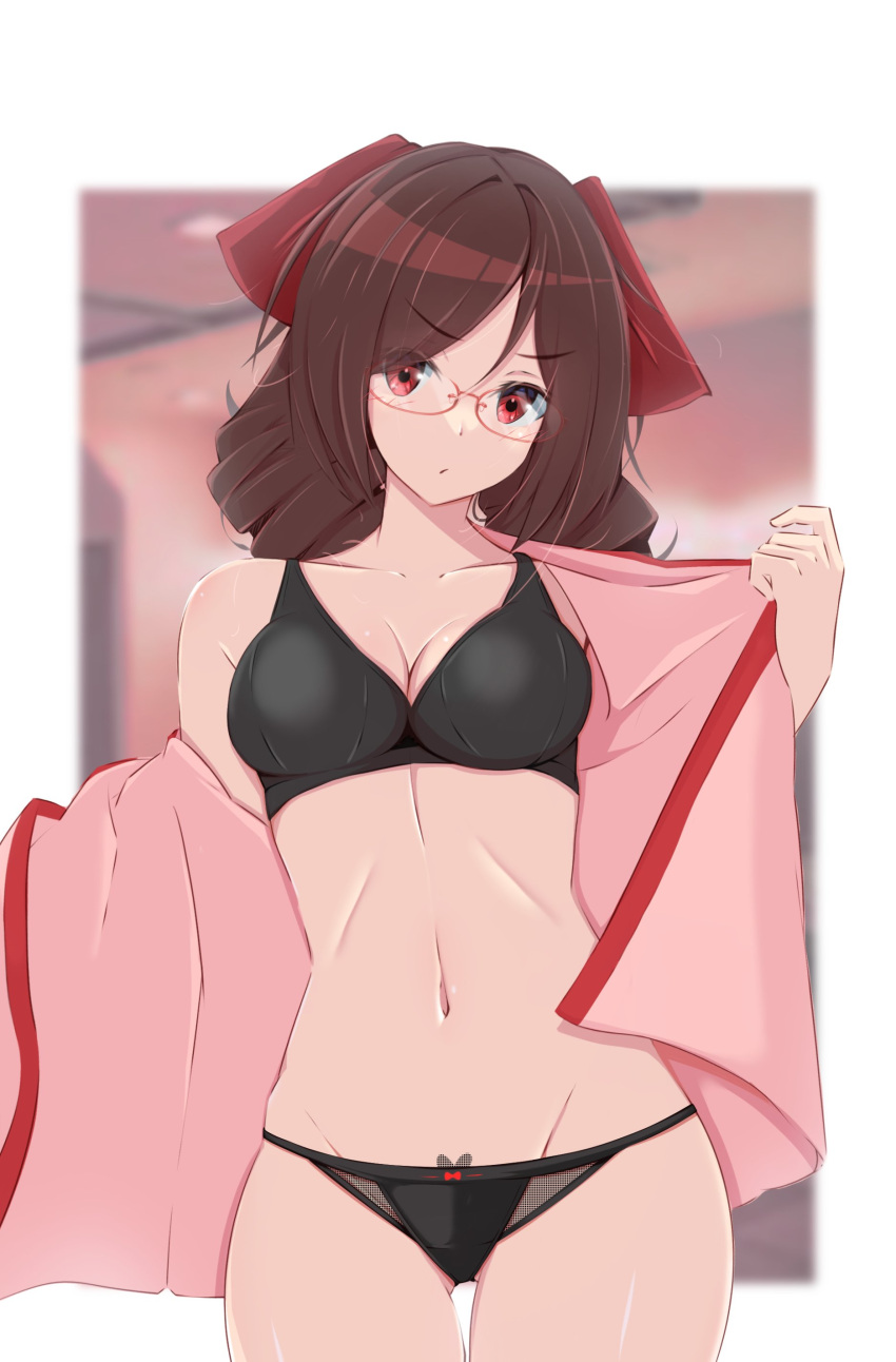 1girl absurdres bespectacled black_bra black_panties bow bra breasts brown_hair cleavage collarbone commentary_request commission drill_hair glasses groin hair_bow harukaze_(kancolle) highres honma_(honmatomohiro) kantai_collection looking_at_viewer medium_breasts navel open_clothes open_robe panties pink_robe red_bow red_eyes robe signature skeb_commission solo twin_drills underwear