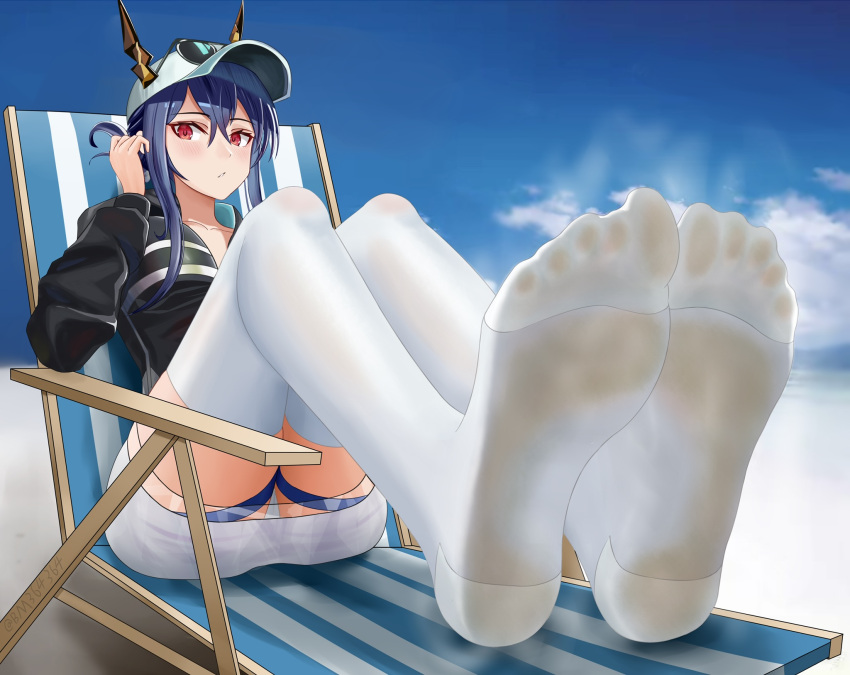 1girl arknights bare_legs baseball_cap beach beach_chair black_jacket blue_hair blue_sky blush bm_(bm364364) breasts ch'en_(arknights) ch'en_the_holungday_(arknights) chinese_commentary cloud cloudy_sky dated day dragon_horns eyewear_on_head feet foot_focus full_body hair_between_eyes hat highres horns horns_through_headwear jacket knees_up legs_together long_hair looking_at_viewer medium_breasts miniskirt no_tail official_alternate_costume outdoors parted_lips red_eyes sidelocks sitting skirt sky smell smelling_feet soles solo steaming_body sunglasses thigh_strap thighhighs twitter_username white_headwear white_skirt white_thighhighs