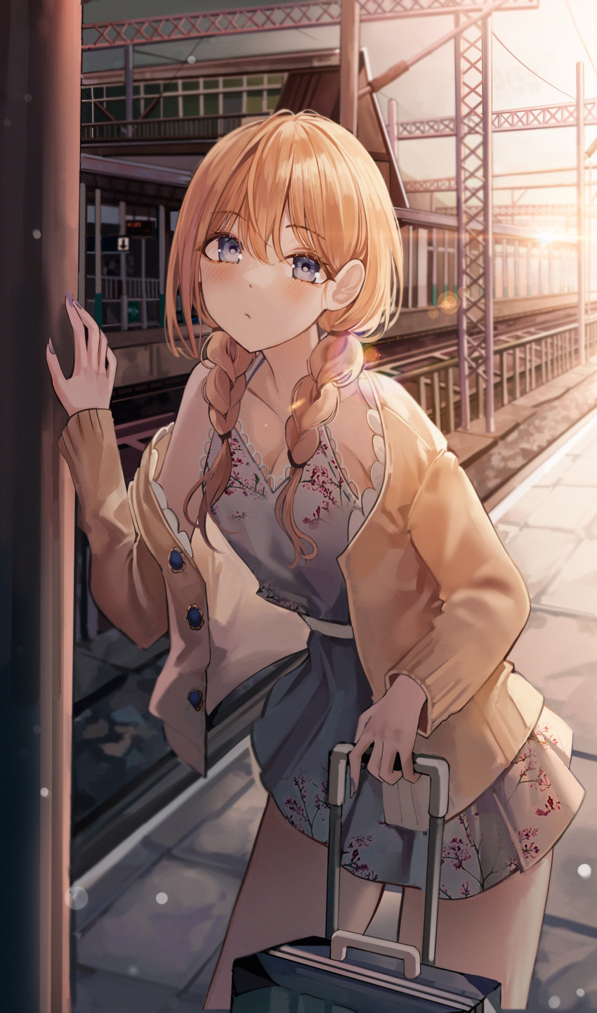 1girl absurdres blonde_hair blue_eyes blush braid breasts cleavage dress fu_u03 hair_ornament highres holding jacket long_hair looking_at_viewer open_clothes open_jacket original skirt small_breasts solo train_station twin_braids vacation
