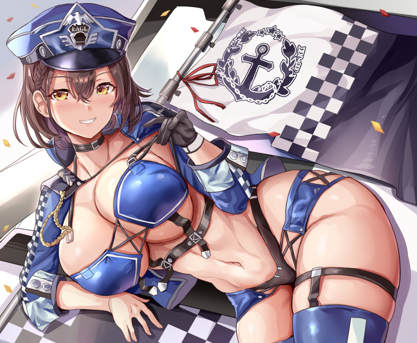 1girl azur_lane baltimore_(azur_lane) baltimore_(finish_line_flagbearer)_(azur_lane) bangs black_choker black_gloves blue_jacket blue_thighhighs blush breasts brown_hair choker flag gloves highres himuro_shunsuke jacket large_breasts long_sleeves navel official_alternate_costume parted_lips race_queen short_hair single_glove smile solo teeth thighhighs thighs underboob