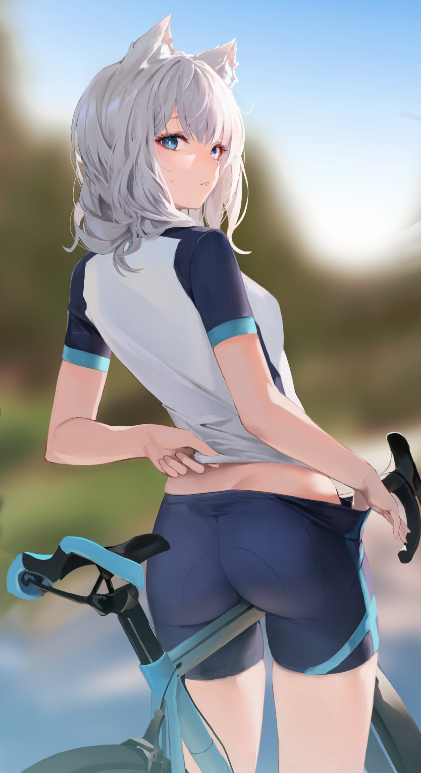 1girl absurdres adjusting_clothes animal_ear_fluff animal_ears ass bicycle bike_jersey blue_archive blue_eyes blue_shorts blurry blurry_background blush bright_pupils cowboy_shot cycling_uniform day from_behind grey_hair ground_vehicle highres hiki_niito looking_at_viewer looking_back medium_hair midriff multicolored_shirt outdoors shiroko_(blue_archive) shiroko_(cycling)_(blue_archive) shirt short_shorts short_sleeves shorts shorts_tug solo sweatdrop thighs white_pupils white_shirt wolf_ears