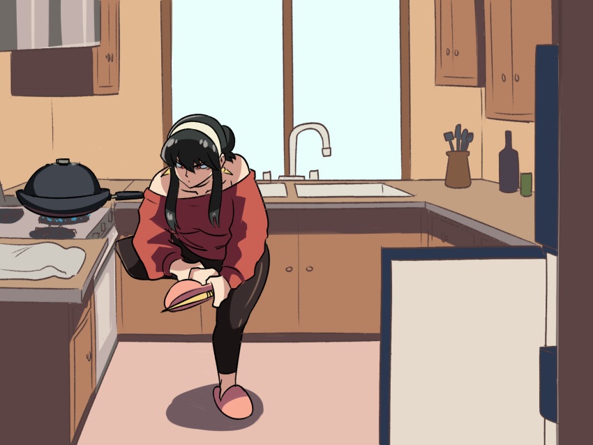 1girl bare_shoulders black_hair cooking dog dress green_eyes hairband highres kitchen meme pants shirt sink slippers spy_x_family stove tina_fate window wok yoga_pants yor_briar