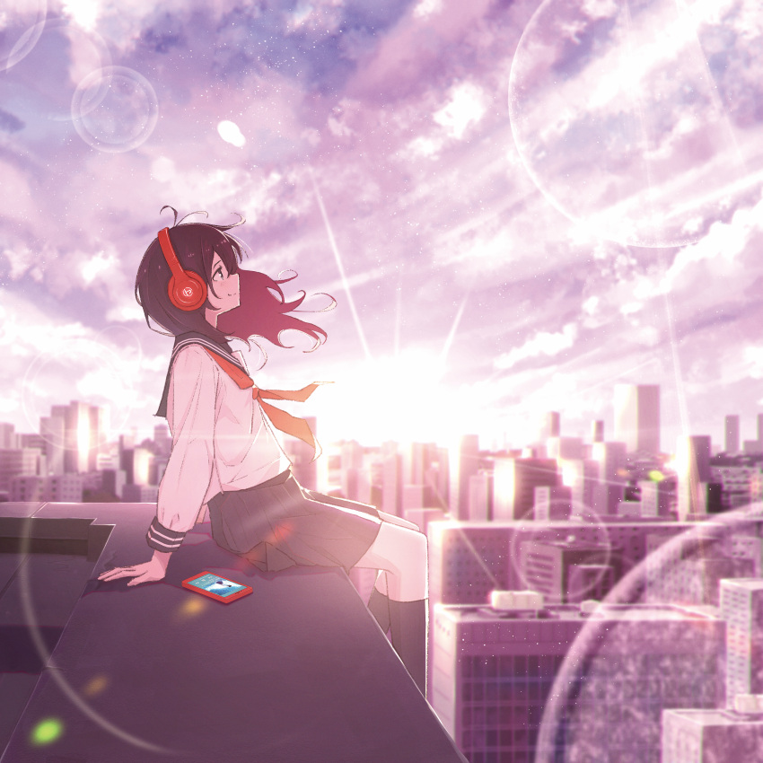 1girl absurdres ascot bangs black_socks blue_sailor_collar blue_skirt brown_hair building cellphone closed_mouth cloud cloudy_sky commentary_request day hand_on_floor headphones highres light_blush listening_to_music long_hair long_sleeves official_art oka_kojiro10 original phone pleated_skirt purple_sky red_ascot sailor_collar scenery school_uniform serafuku shirt sitting skirt sky skyscraper smartphone smile socks solo sunlight sunrise sunset white_shirt